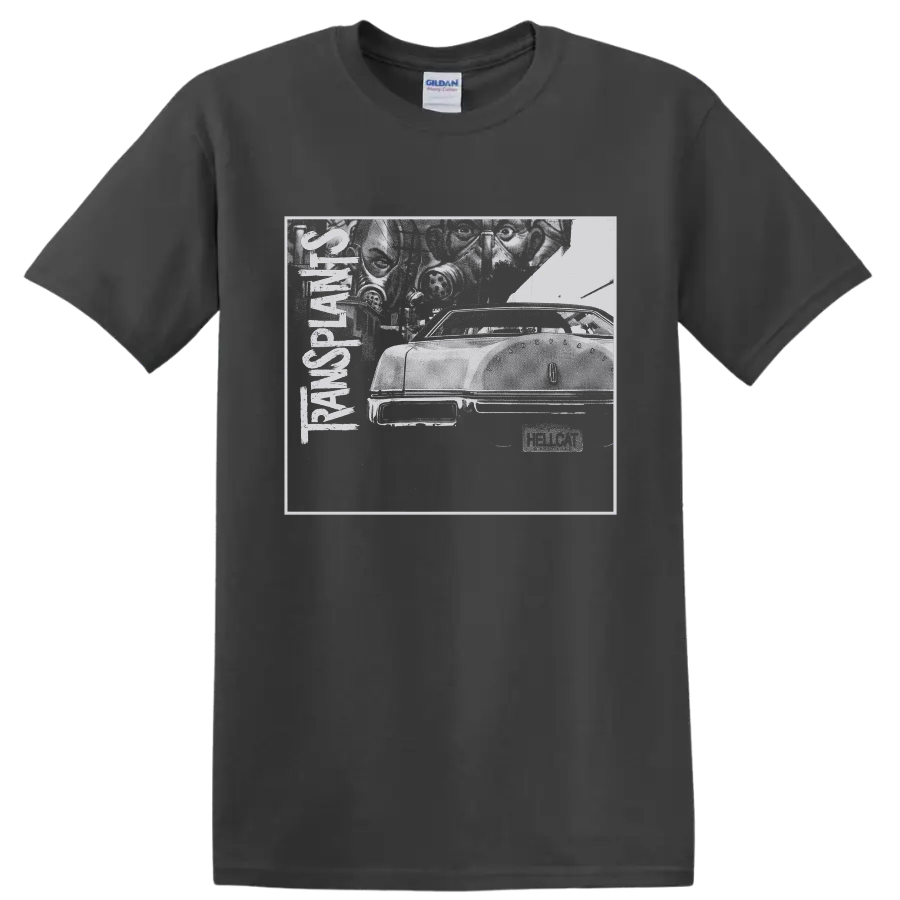 Transplants punk rock distressed car graphic with vertical band lettering on a Charcoal T Shirt