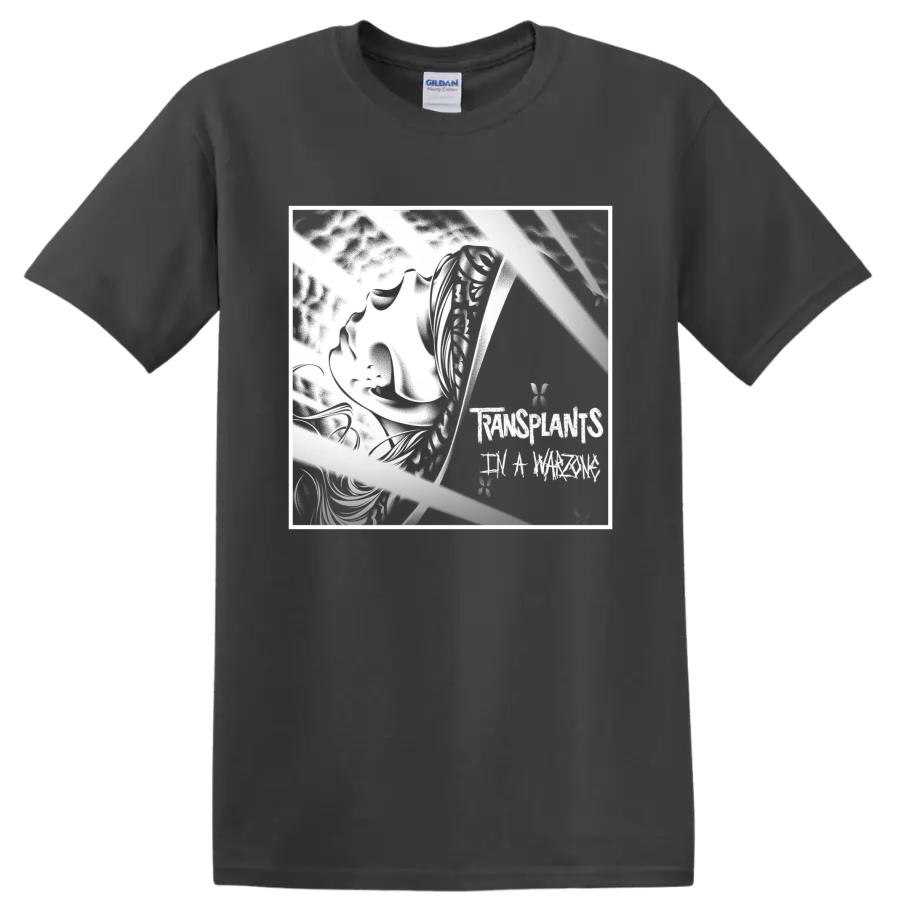 Transplants punk rock graphic with bold angular black-and-white emblem on a Charcoal T Shirt