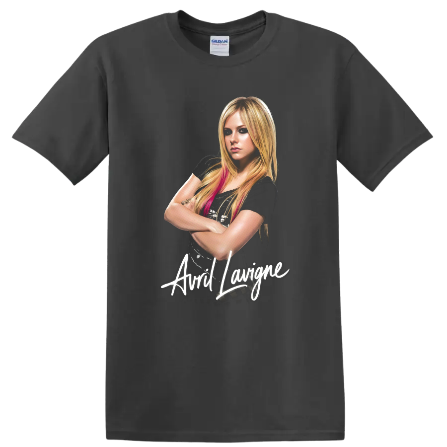 Avril Lavigne pop art portrait with white script lettering on a Charcoal T Shirt