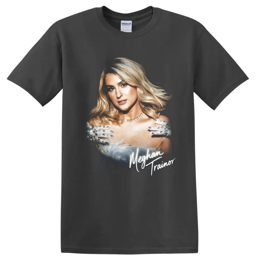 Meghan Trainor glamorous pop star portrait with script lettering on a Charcoal T Shirt