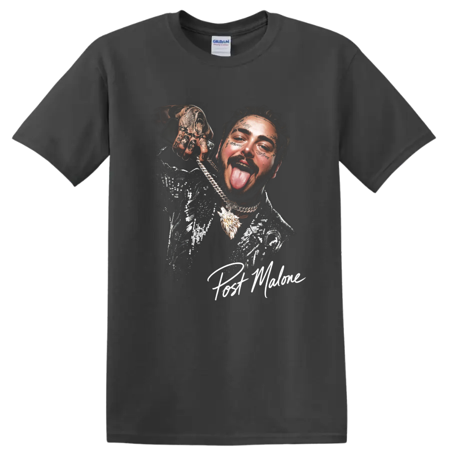 Post Malone stylized halftone portrait with chains and facial tattoos on a Charcoal T Shirt