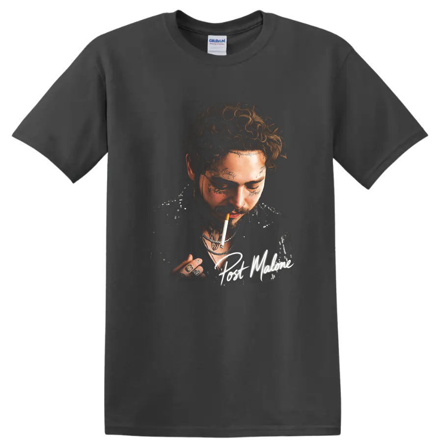 Post Malone portrait with handwritten signature, curly hair, and facial tattoos on a Charcoal T Shirt