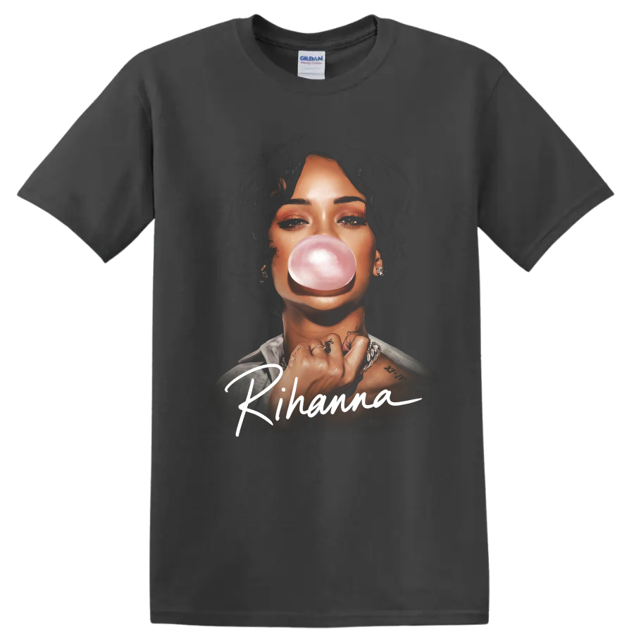 Rihanna pop-art portrait blowing a pink bubble with signature lettering on a Charcoal T Shirt
