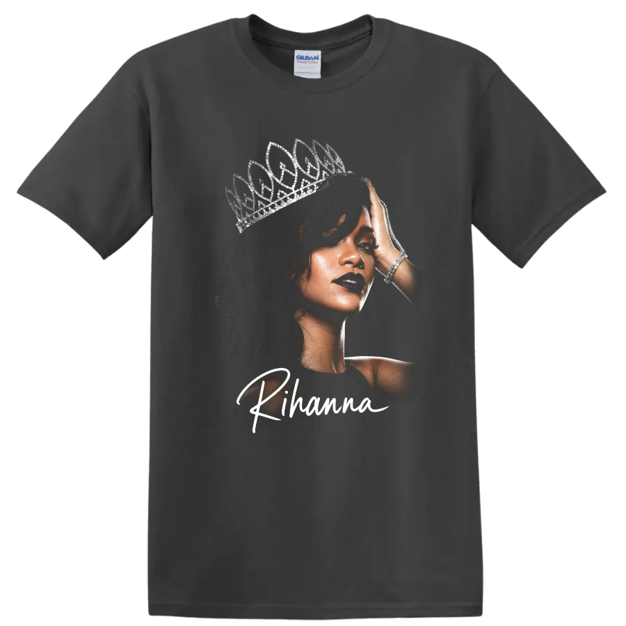 Rihanna portrait with silver crown and white script design on a Charcoal T Shirt