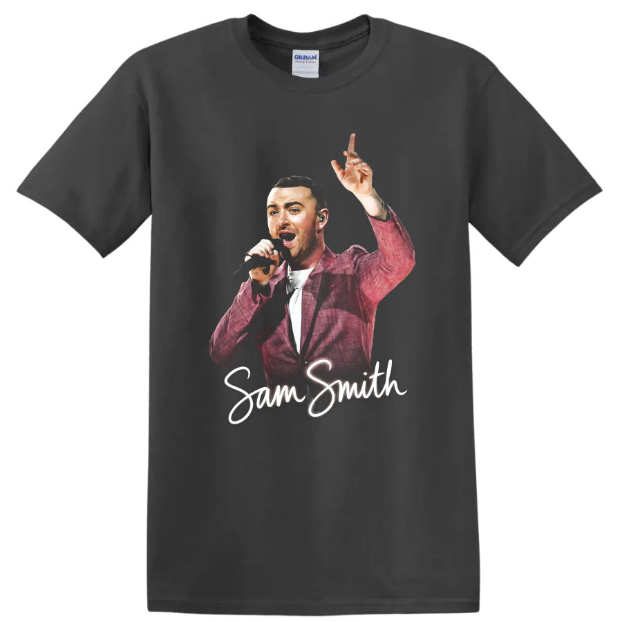 Sam Smith performing with microphone and raised hand, script name design on a Charcoal T Shirt
