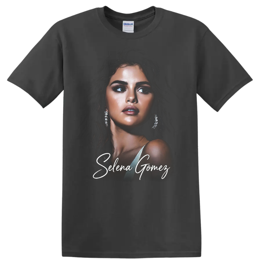 Selena Gomez glamorous digital portrait with white script lettering on a Charcoal T Shirt