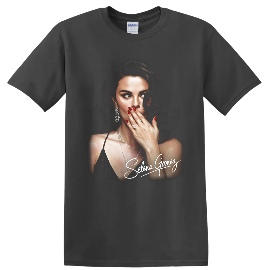 Selena Gomez portrait digital illustration with signature on a Charcoal T Shirt