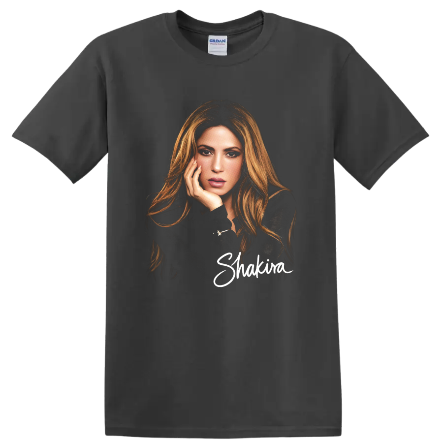 Shakira portrait fashion illustration with white script name on a Charcoal T Shirt