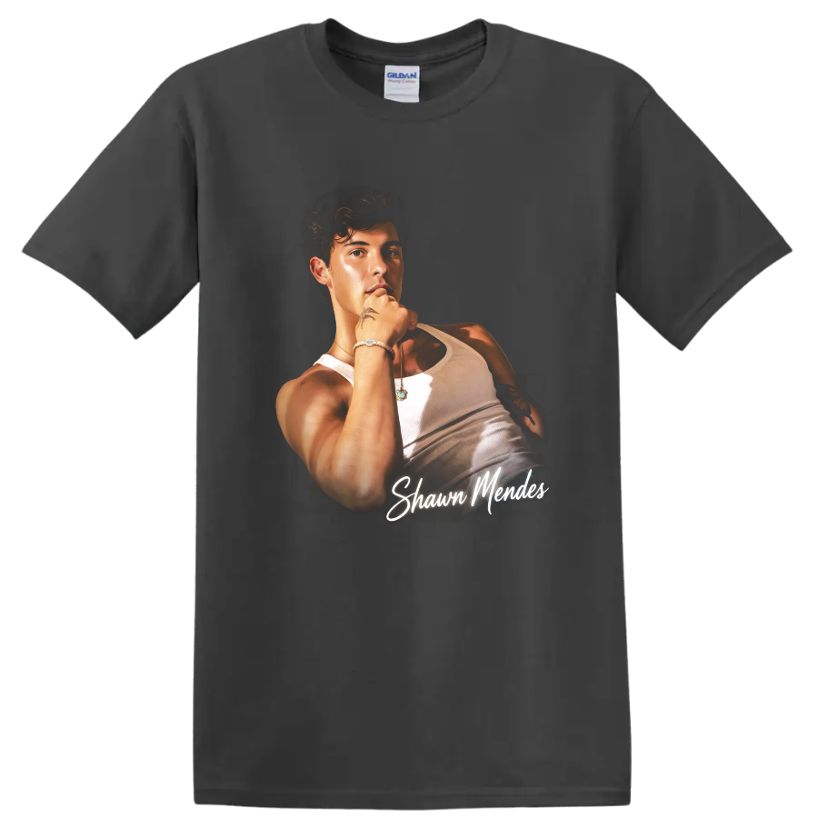 Shawn Mendes portrait fan art with white script lettering on a Charcoal T Shirt