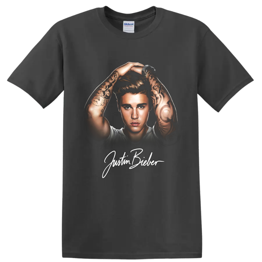 Justin Bieber pop-art portrait with tattooed arms and signature text on a Charcoal T Shirt