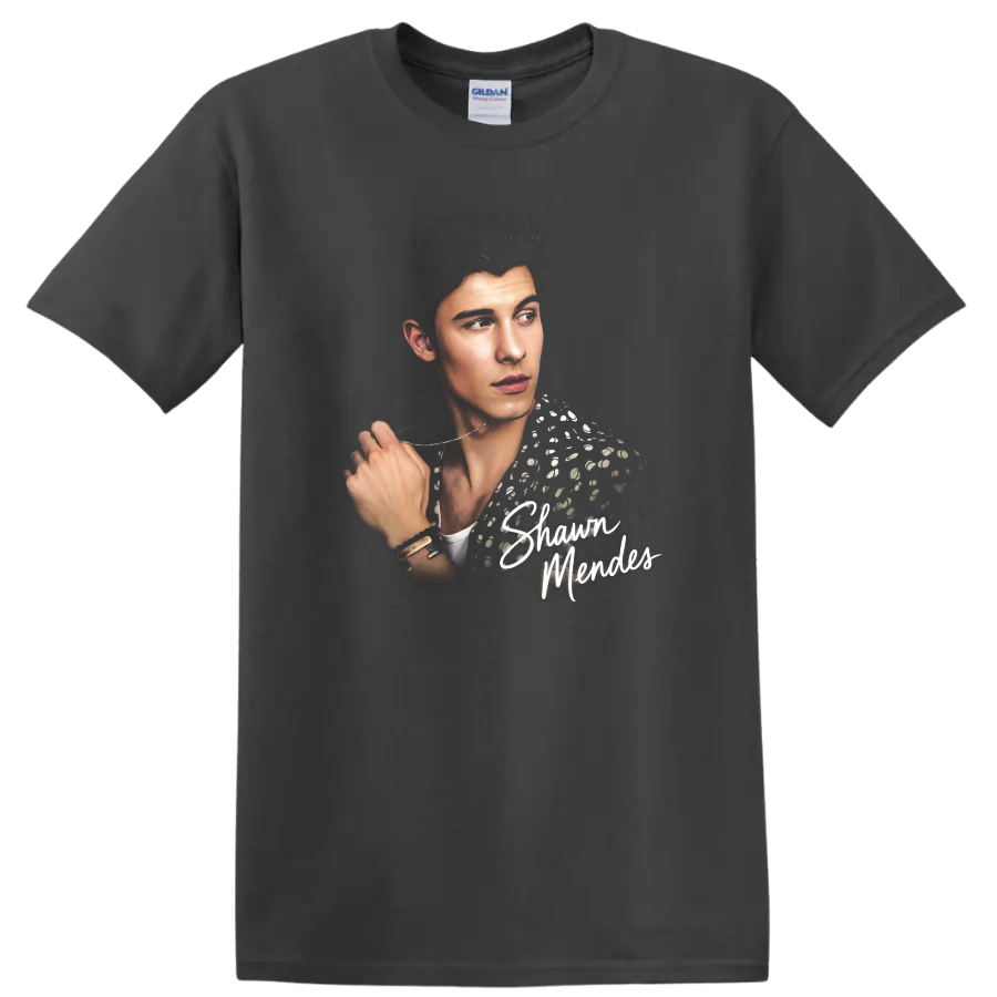 Shawn Mendes portrait graphic with script lettering and patterned jacket on a Charcoal T Shirt