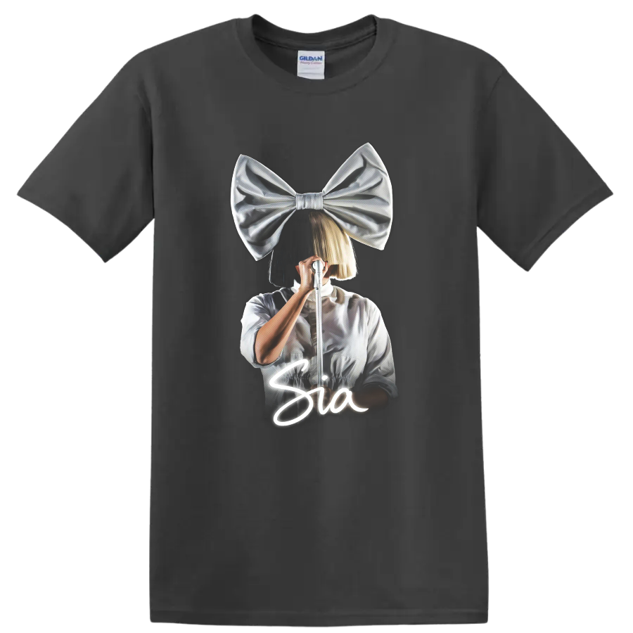 Sia-inspired pop singer with oversized bow and microphone graphic on a Charcoal T Shirt