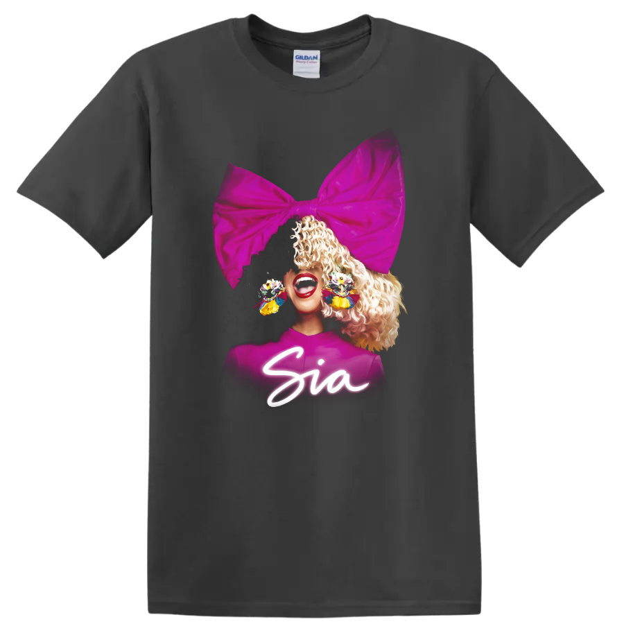 Sia pop star portrait with oversized pink bow and colorful earrings on a Charcoal T Shirt