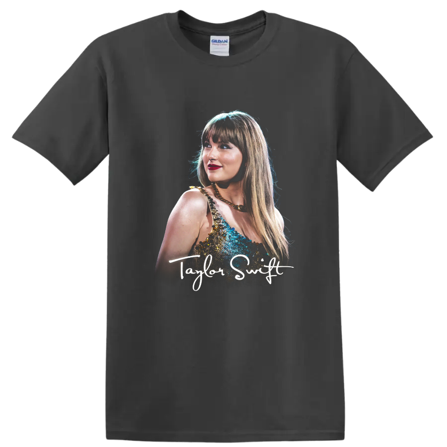 Taylor Swift Eras Tour portrait graphic with signature script on a Charcoal T Shirt