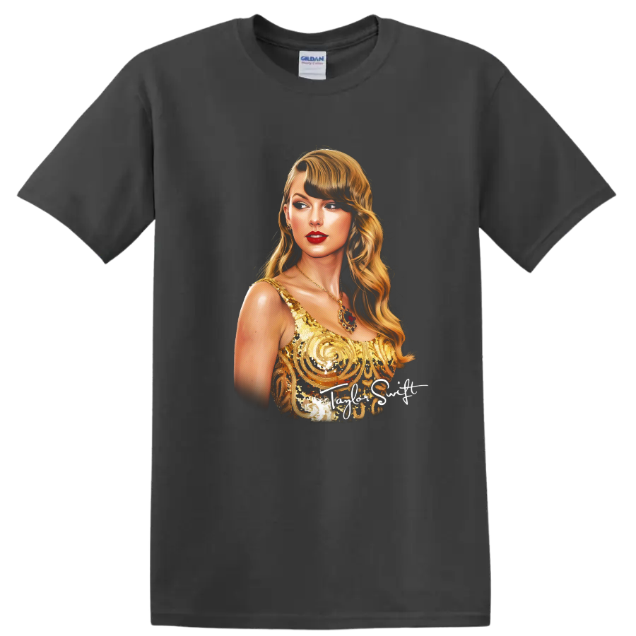 Taylor Swift Fearless era gold dress digital portrait with Taylor Swift text on a Charcoal T Shirt