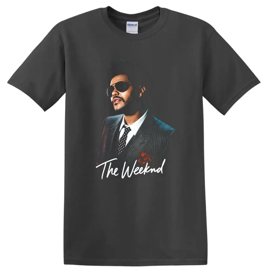 The Weeknd portrait graphic with sunglasses, pinstripe suit, and script text on a Charcoal T Shirt