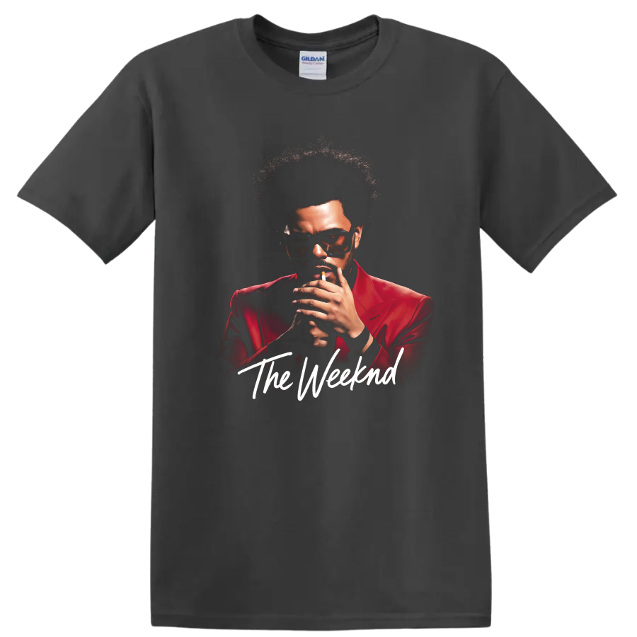 The Weeknd After Hours digital portrait in a red suit with script text on a Charcoal T Shirt