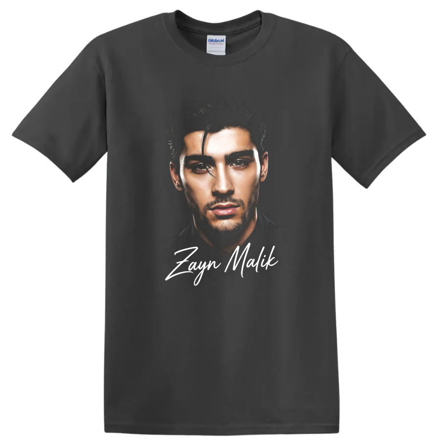 Watercolor-style Zayn Malik portrait with handwritten name lettering on a Charcoal T Shirt