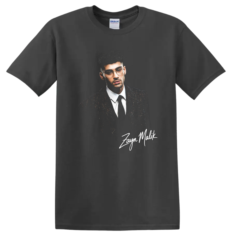 Zayn Malik portrait graphic print with signature text on a Charcoal T Shirt