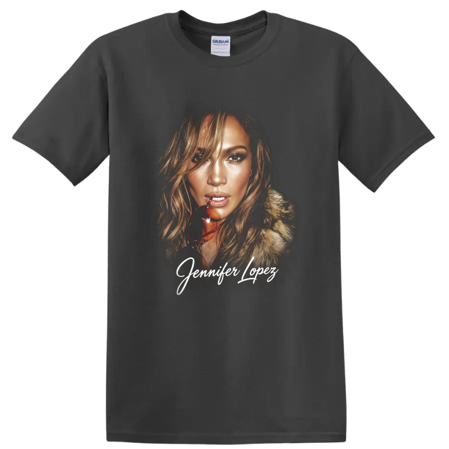 Jennifer Lopez stylized pop star portrait with signature script on a Charcoal T Shirt