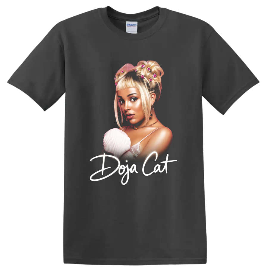 Doja Cat Y2K digital portrait with floral hair details and script text on a Charcoal T Shirt