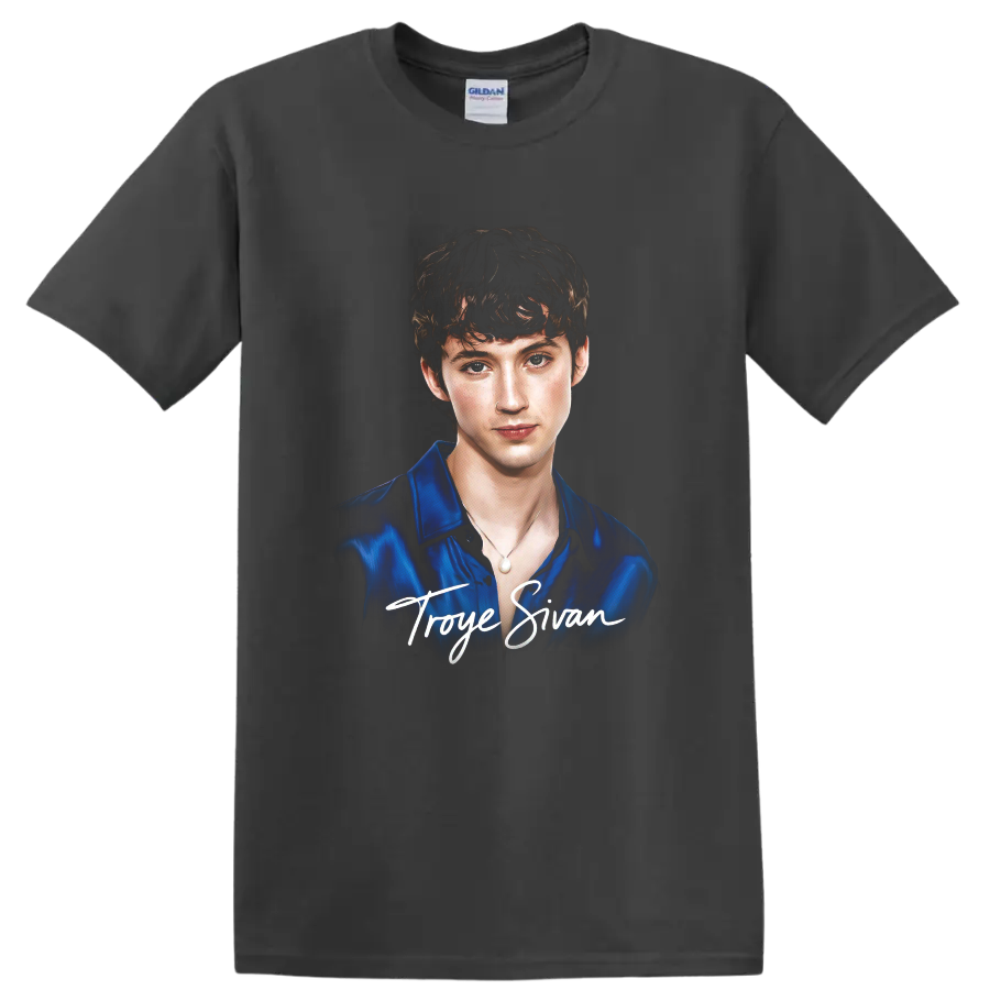Troye Sivan portrait graphic with white script name lettering on a Charcoal T Shirt