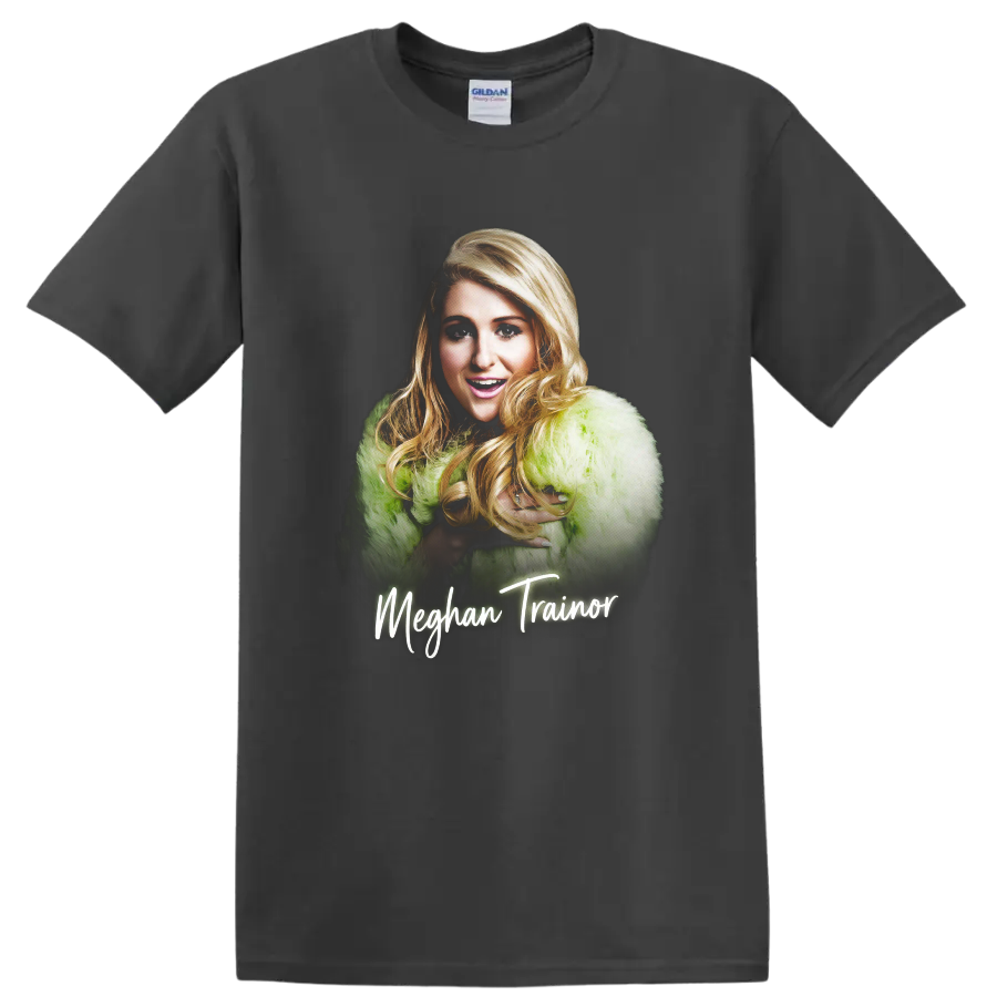Meghan Trainor portrait graphic with lime green coat and script name on a Charcoal T Shirt
