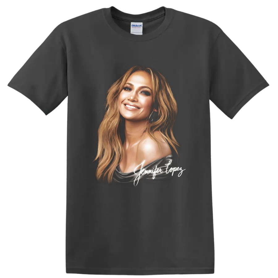 Jennifer Lopez stylized portrait with white signature artwork on a Charcoal T Shirt