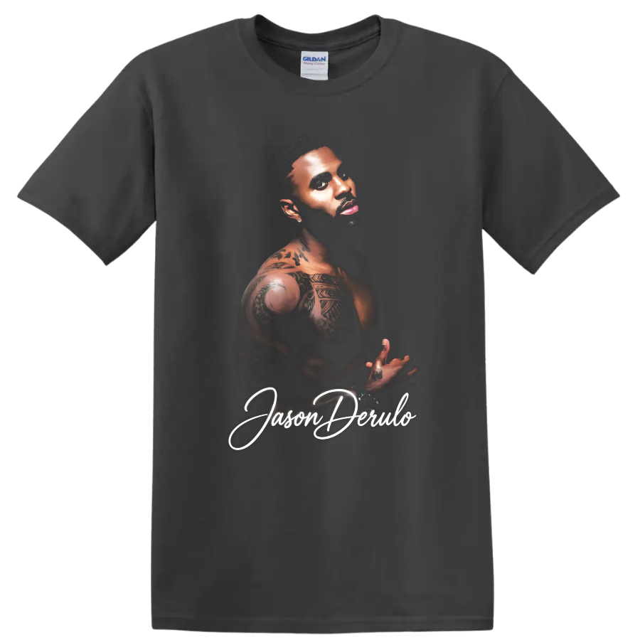 Jason Derulo tattooed portrait with white script lettering on a Charcoal T Shirt