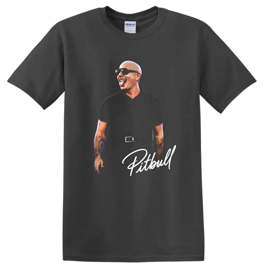 Pitbull portrait graphic with sunglasses, tattoos, and white script lettering on a Charcoal T Shirt