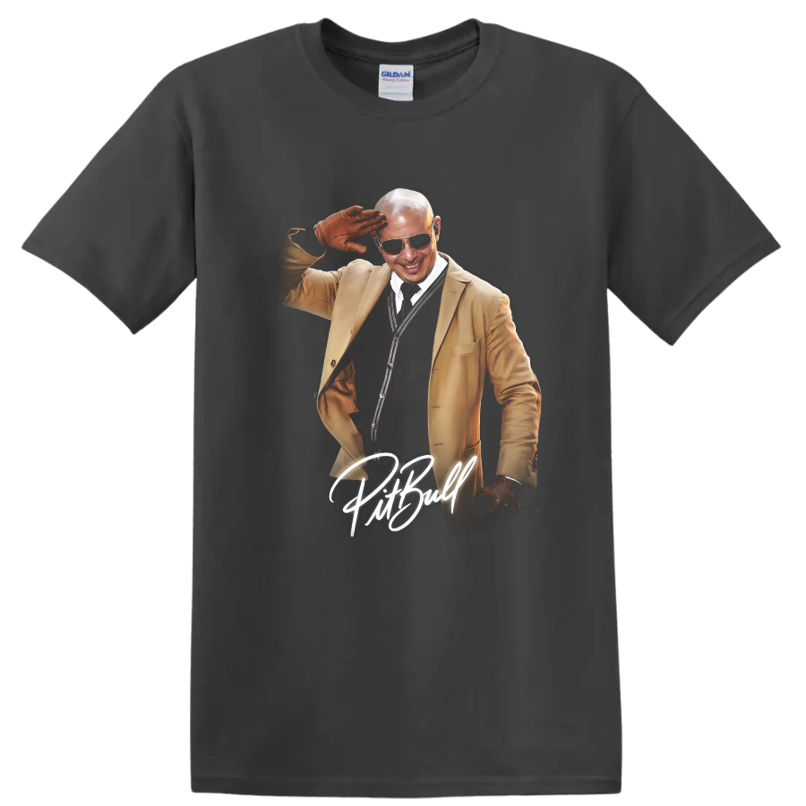 Pitbull GTA-inspired illustrated portrait with handwritten name on a Charcoal T Shirt