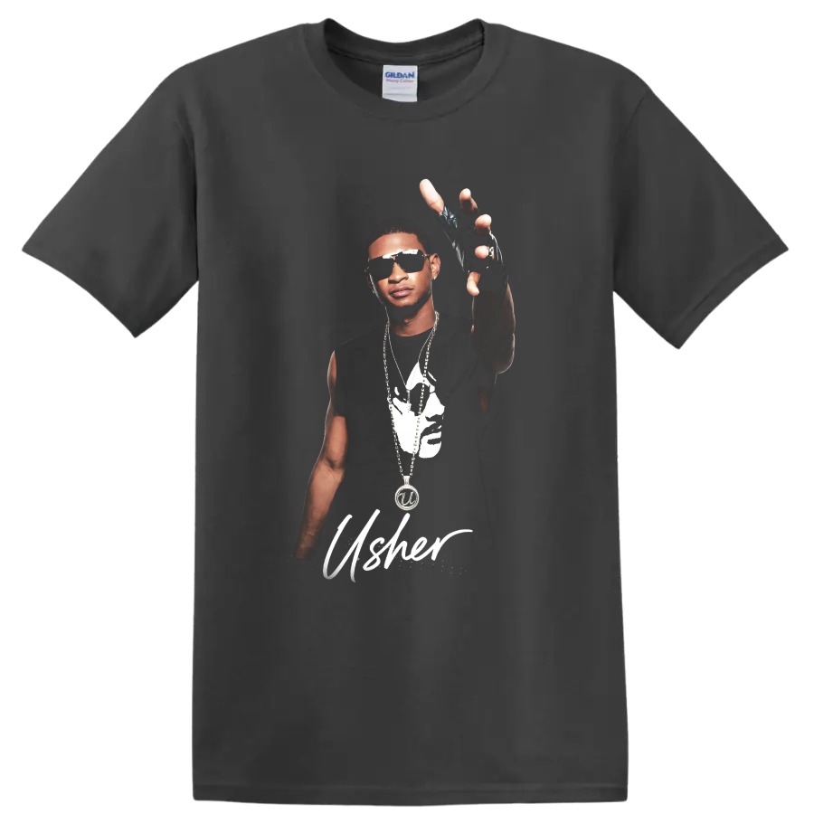 Usher portrait graphic with sunglasses, jewelry, raised gloved hand, and script on a Charcoal T Shirt