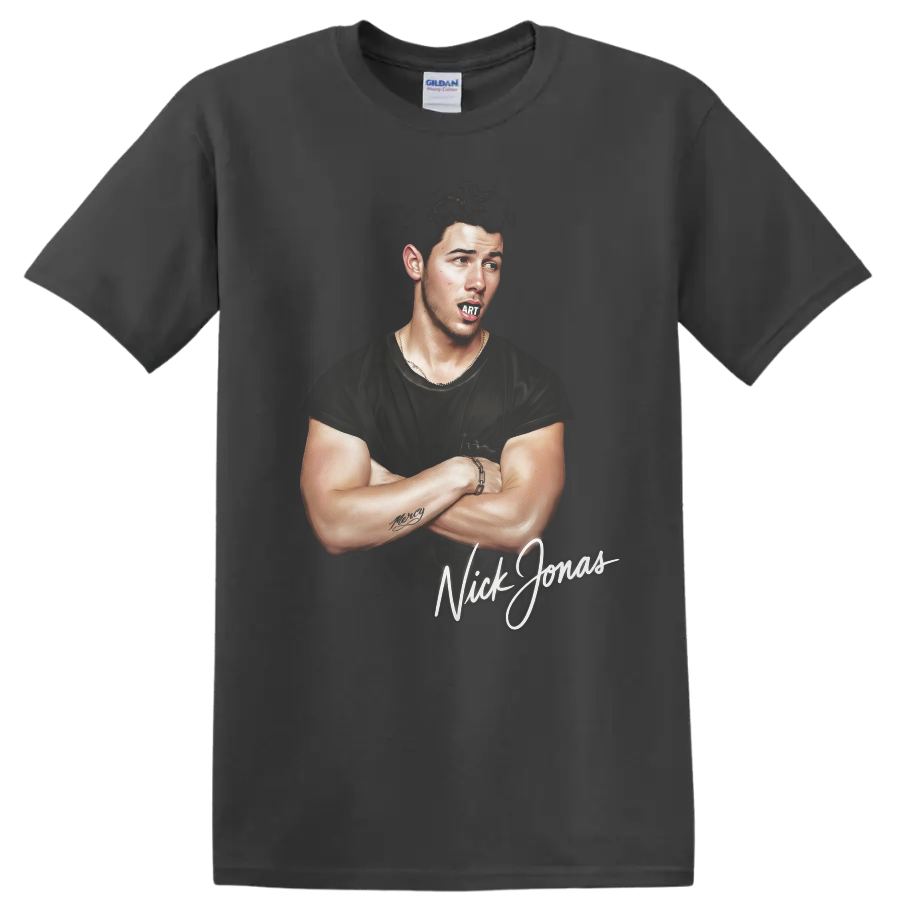 Nick Jonas illustrated portrait graphic print with script lettering on a Charcoal T Shirt