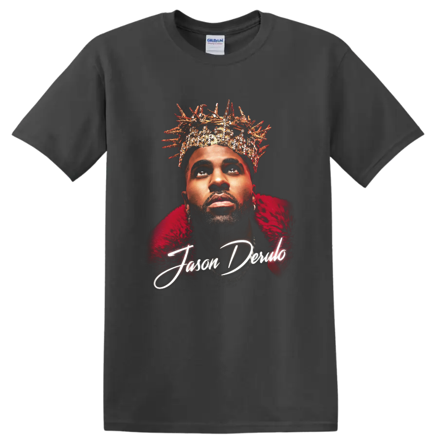 Jason Derulo crowned portrait with Nu King script graphic design on a Charcoal T Shirt