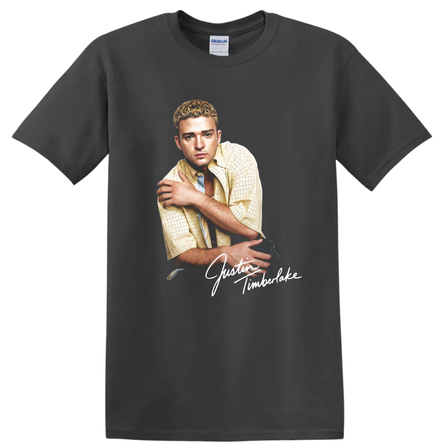 Justin Timberlake portrait graphic with white script lettering on a Charcoal T Shirt