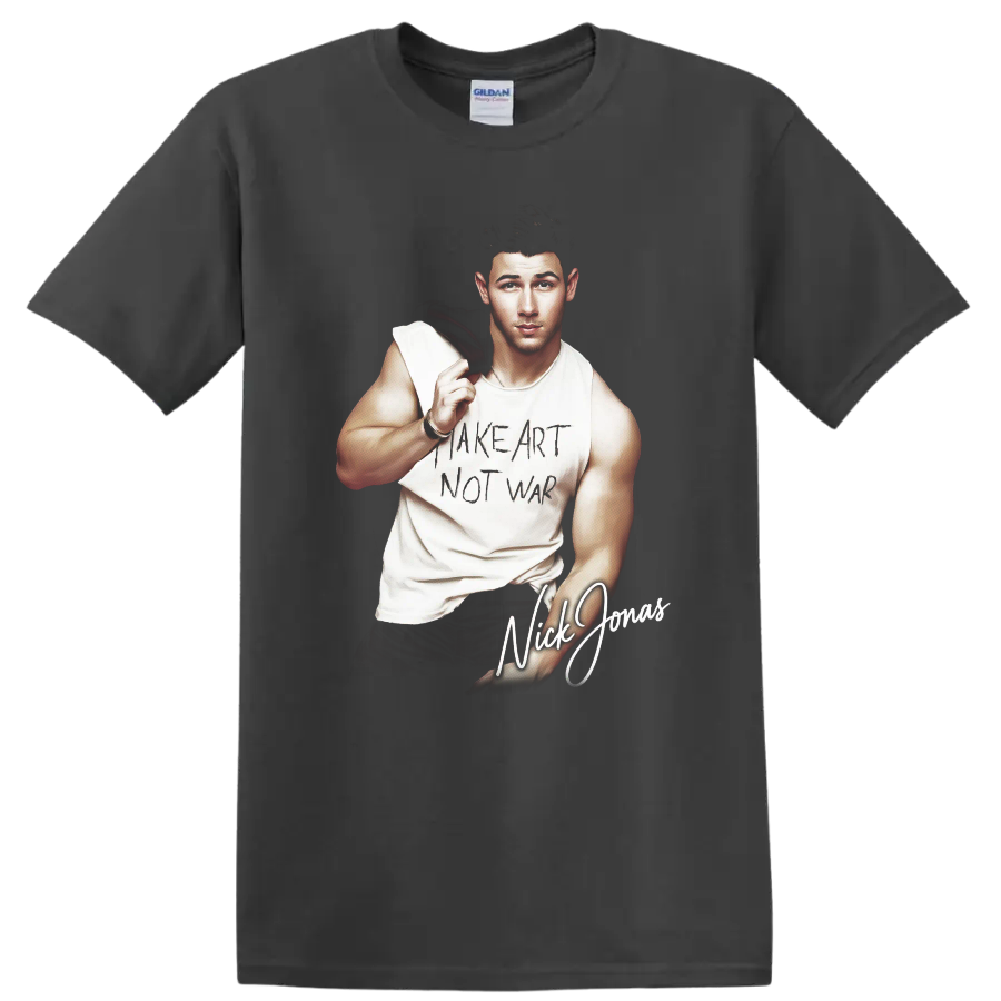 Nick Jonas FHM China portrait with Make Art Not War graphic on a Charcoal T Shirt