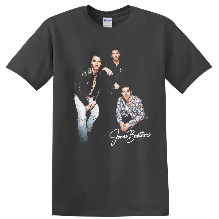 Nick Jonas and Jonas Brothers portrait graphic with script lettering on a Charcoal T Shirt
