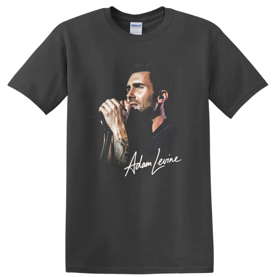 Adam Levine portrait singing into a microphone with signature graphic on a Charcoal T Shirt