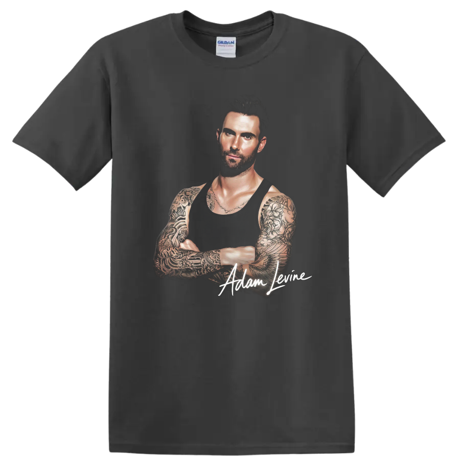 Adam Levine tattoo portrait with signature graphic on a Charcoal T Shirt