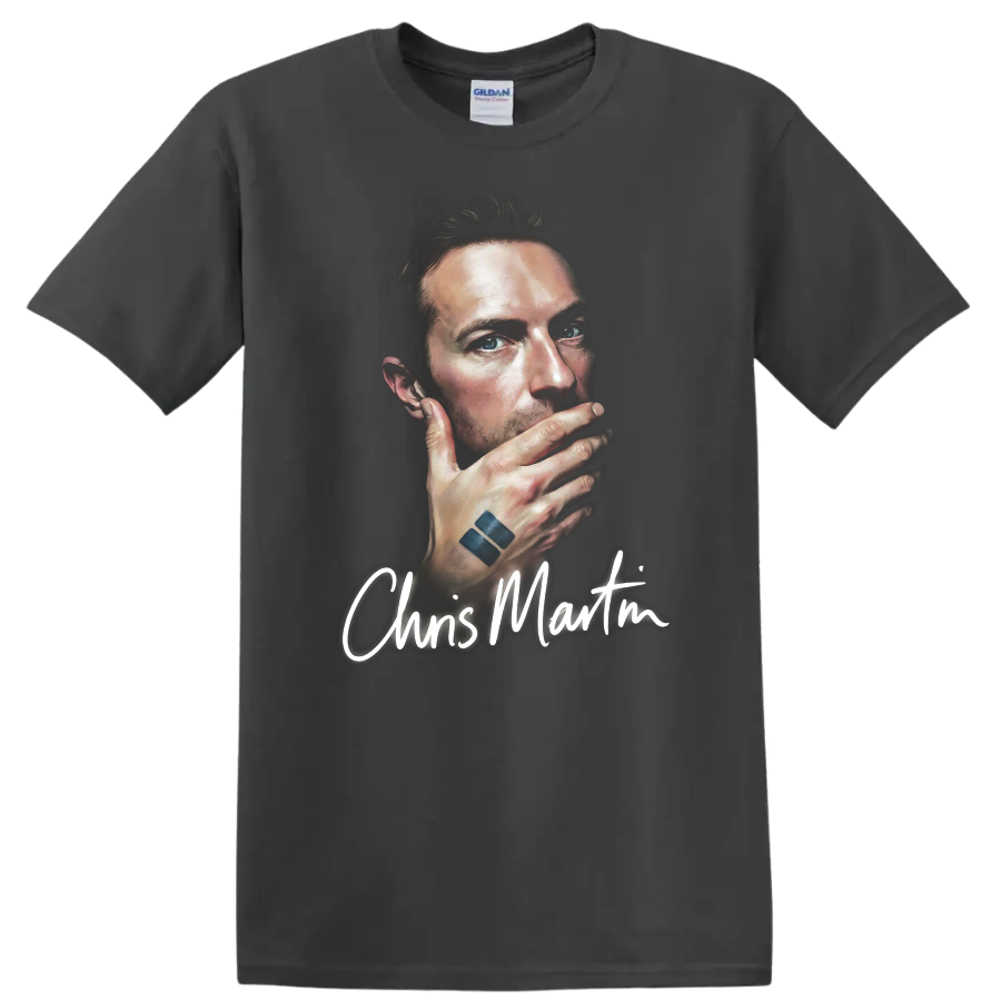 Chris Martin portrait graphic print with handwritten name lettering on a Charcoal T Shirt