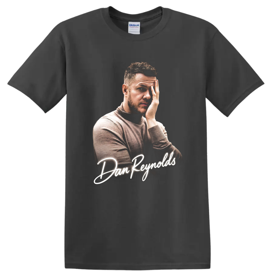 Dan Reynolds portrait with white script lettering on a Charcoal T Shirt