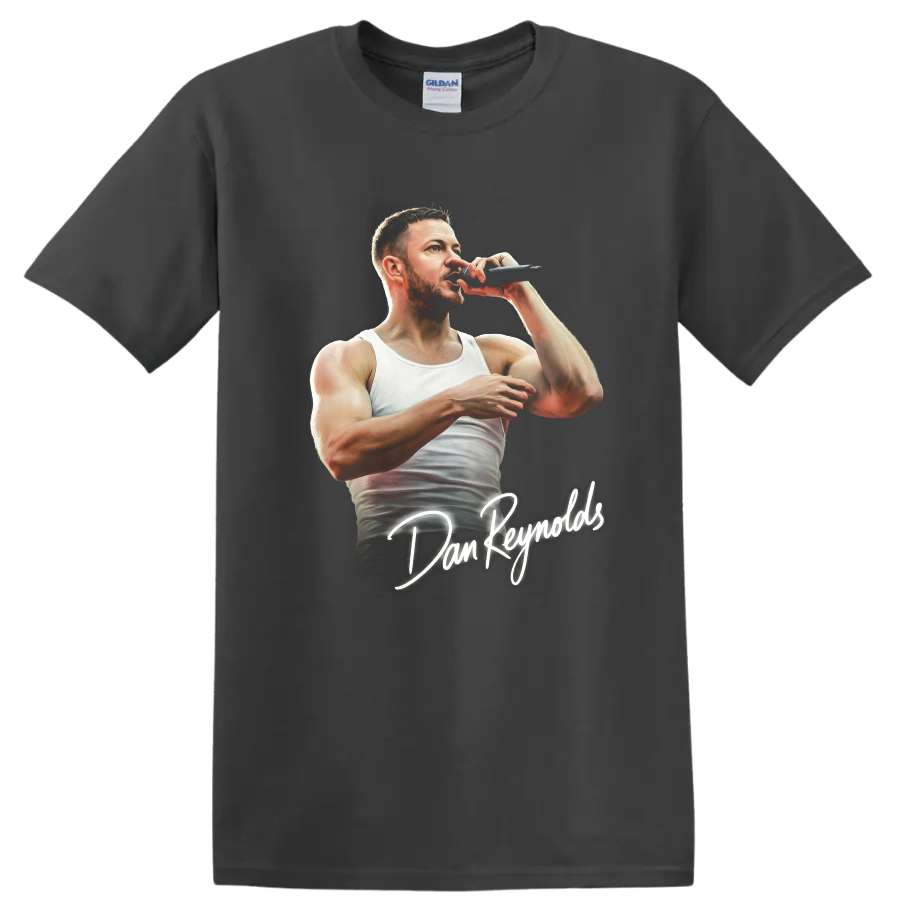 Dan Reynolds performing with microphone, illustrated portrait with handwritten name on a Charcoal T Shirt