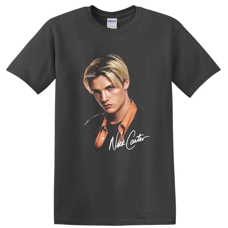 Nick Carter portrait with signature-style lettering on a Charcoal T Shirt
