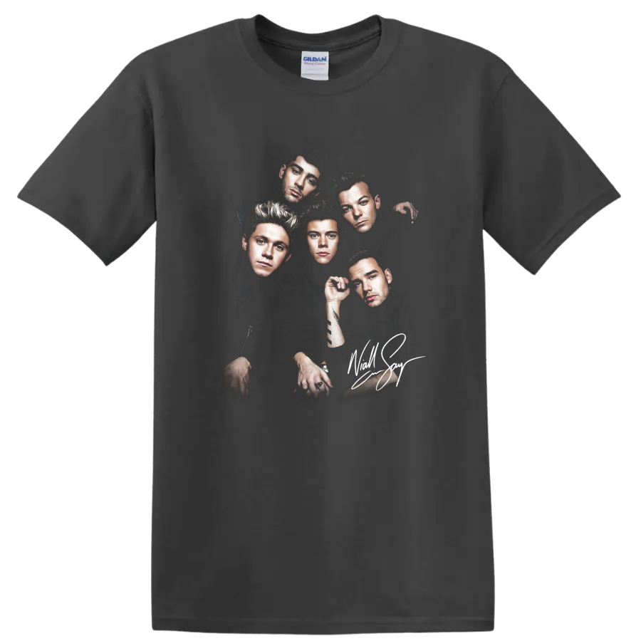 One Direction five-member band portrait with dramatic dark graphic design on a Charcoal T Shirt