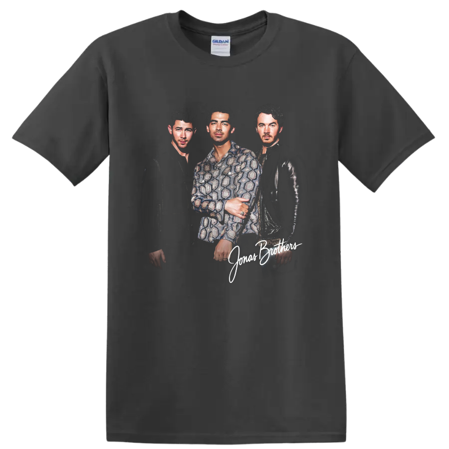 Jonas Brothers portrait graphic with Nick, Joe, and Kevin and script lettering on a Charcoal T Shirt