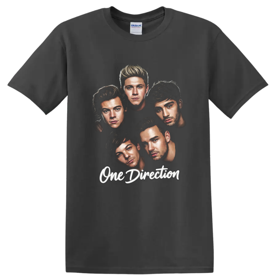 One Direction five-member illustrated fan art with script lettering on a Charcoal T Shirt