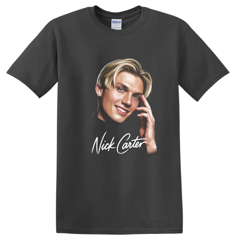 Nick Carter illustrated portrait with white script lettering on a Charcoal T Shirt
