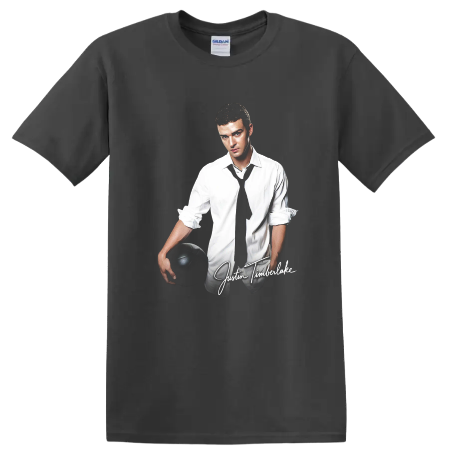 Justin Timberlake portrait in white shirt and black tie holding soccer ball on a Charcoal T Shirt