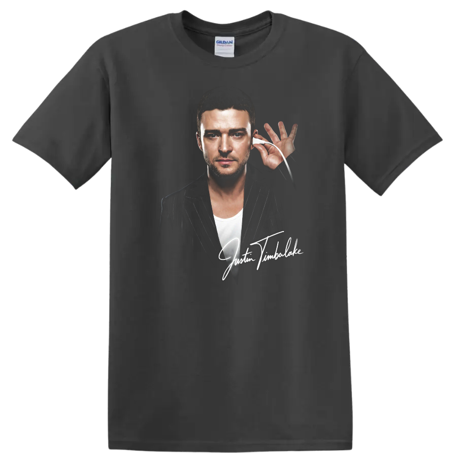 Justin Timberlake portrait graphic with signature and pinstripe jacket on a Charcoal T Shirt