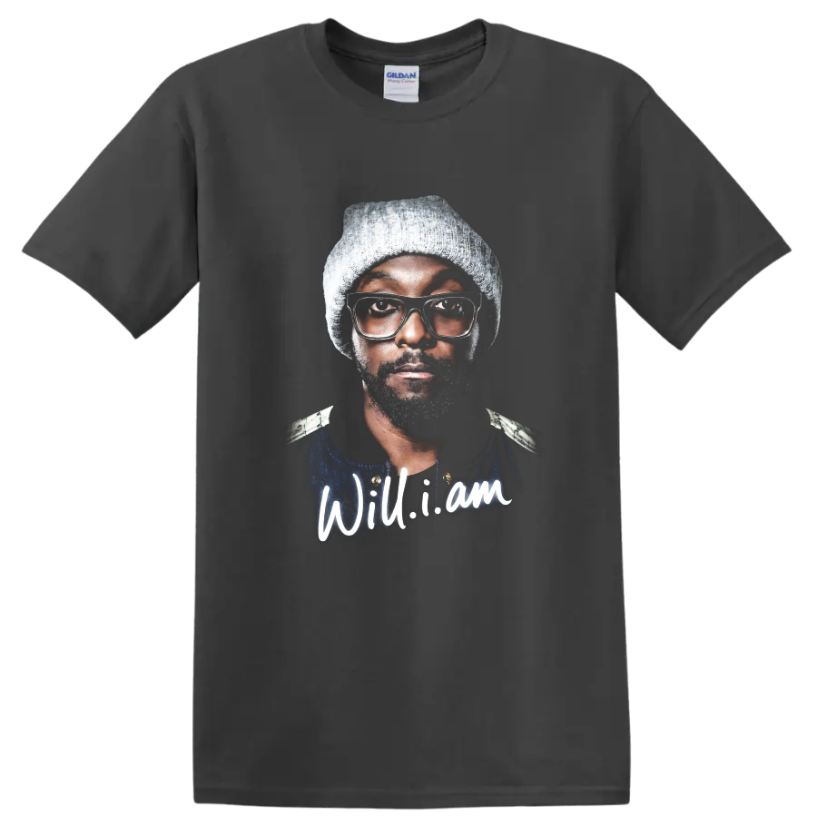 will.i.am hip-hop portrait graphic with knit cap and glasses on a Charcoal T Shirt